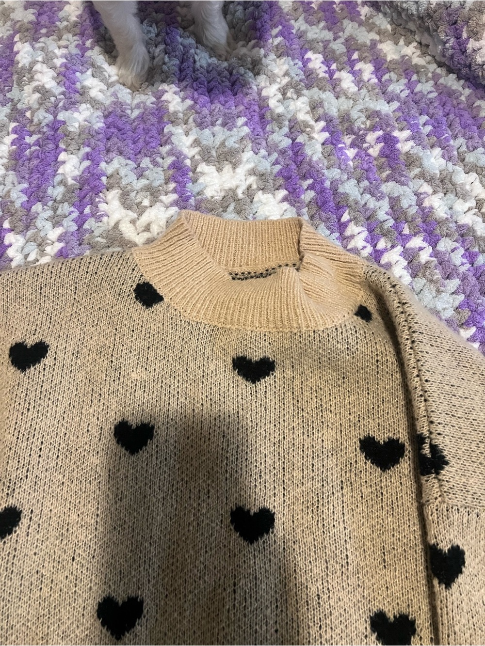 Beige Heart-Print Mock Neck Sweater - Women